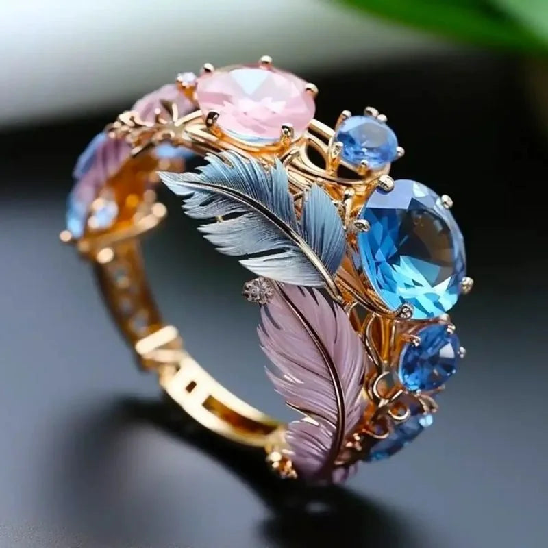 Delicate Feather Shape Inlay Zircon Rings For Women Birthday Party Gift Accessories Custom Jewelry