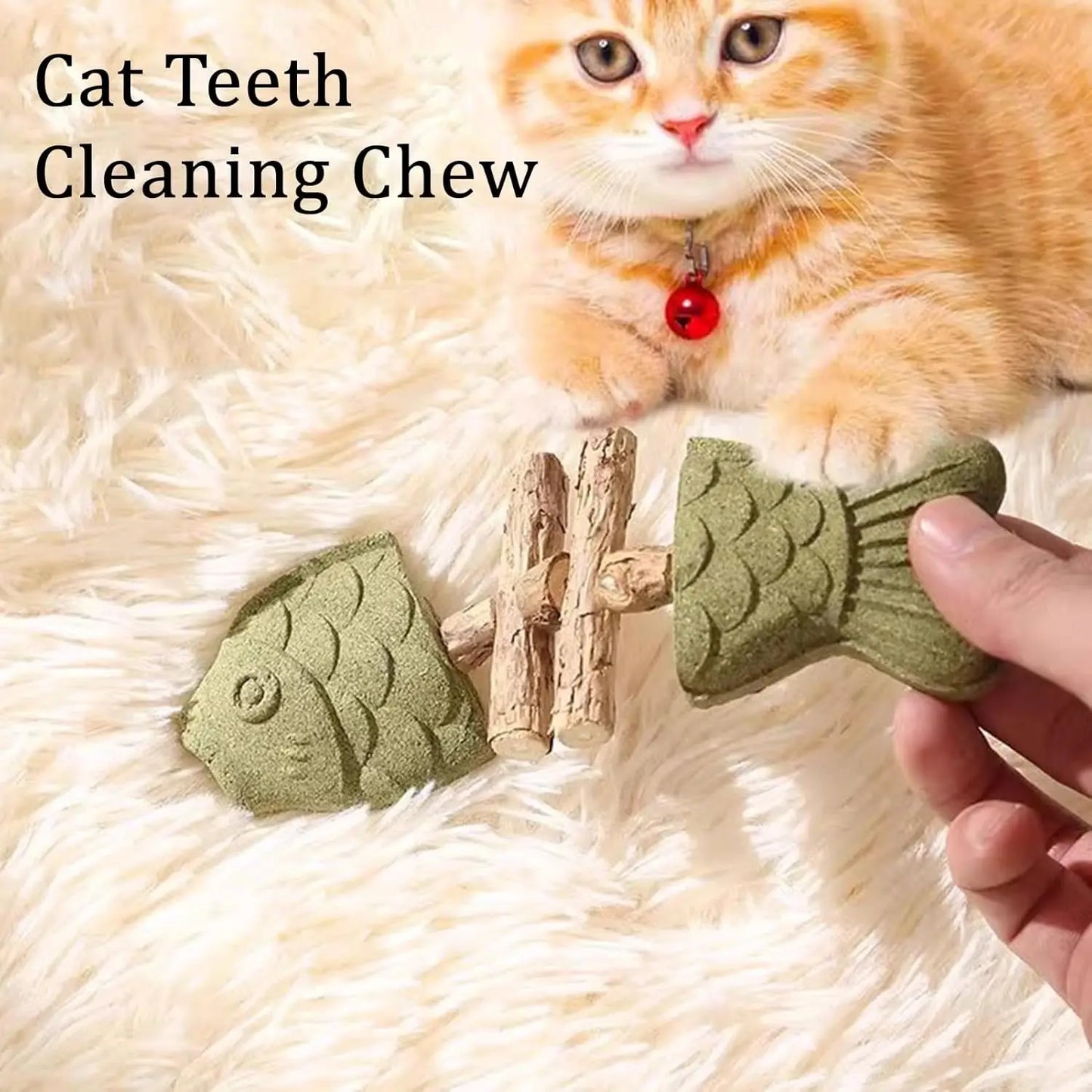 Dental Health Chew Toy for Cats - Bite-Resistant Fishbone Toy with Catnip & Silvervine for Teeth Cleaning, Interactive