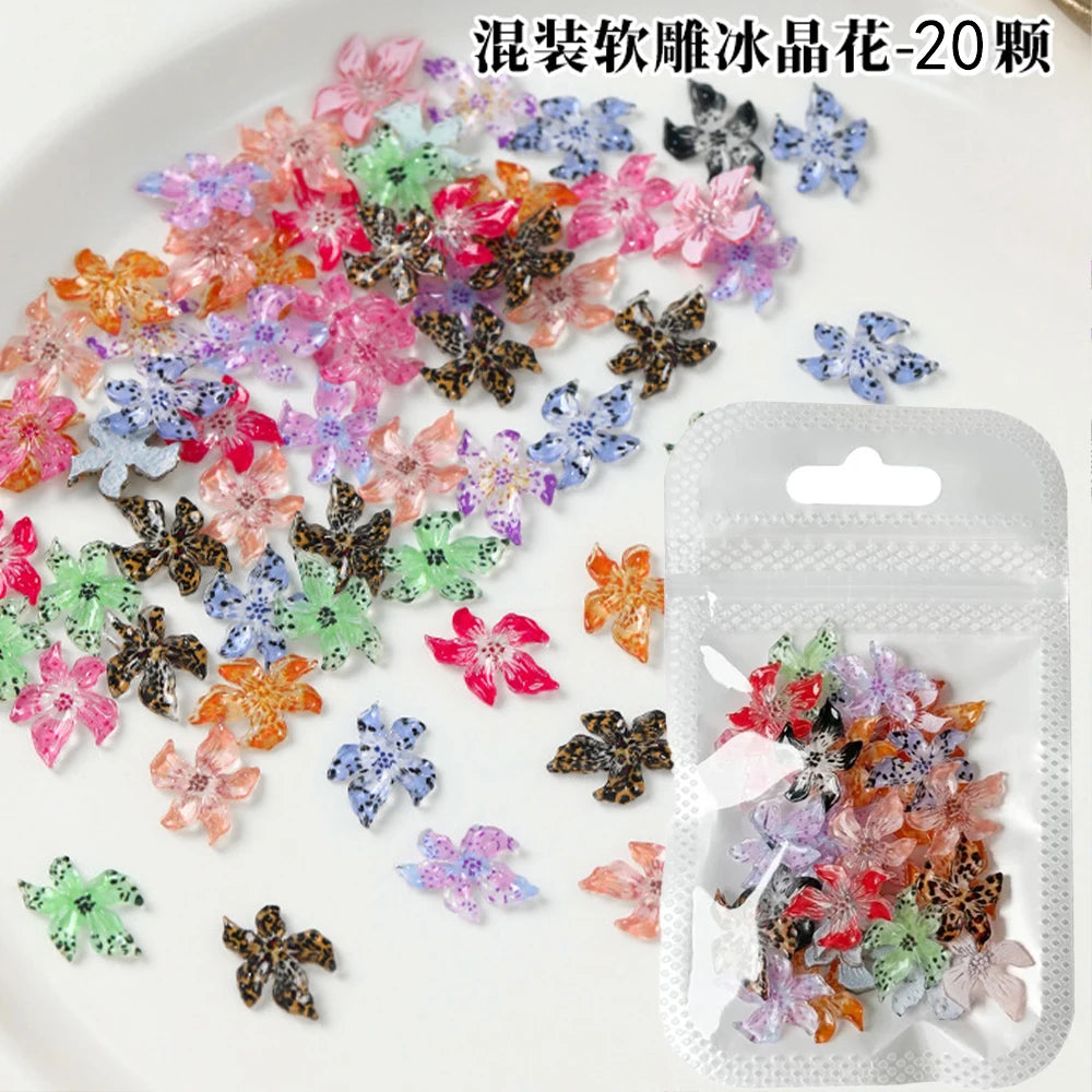100/60/40/20pcs Mixed Crystal Lily Flower Nail Charms 3D Ice Translucent Soft Sculpture Lily Petals Floral Nail Rhinestone Decor