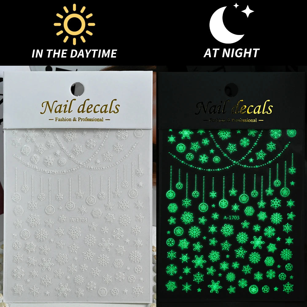 1Pc Luminous Christmas Snowflakes Nail Stickers Glow In The Dark Snowman Elk Adhesive Decals 3D Winter New Year Manicure Sliders