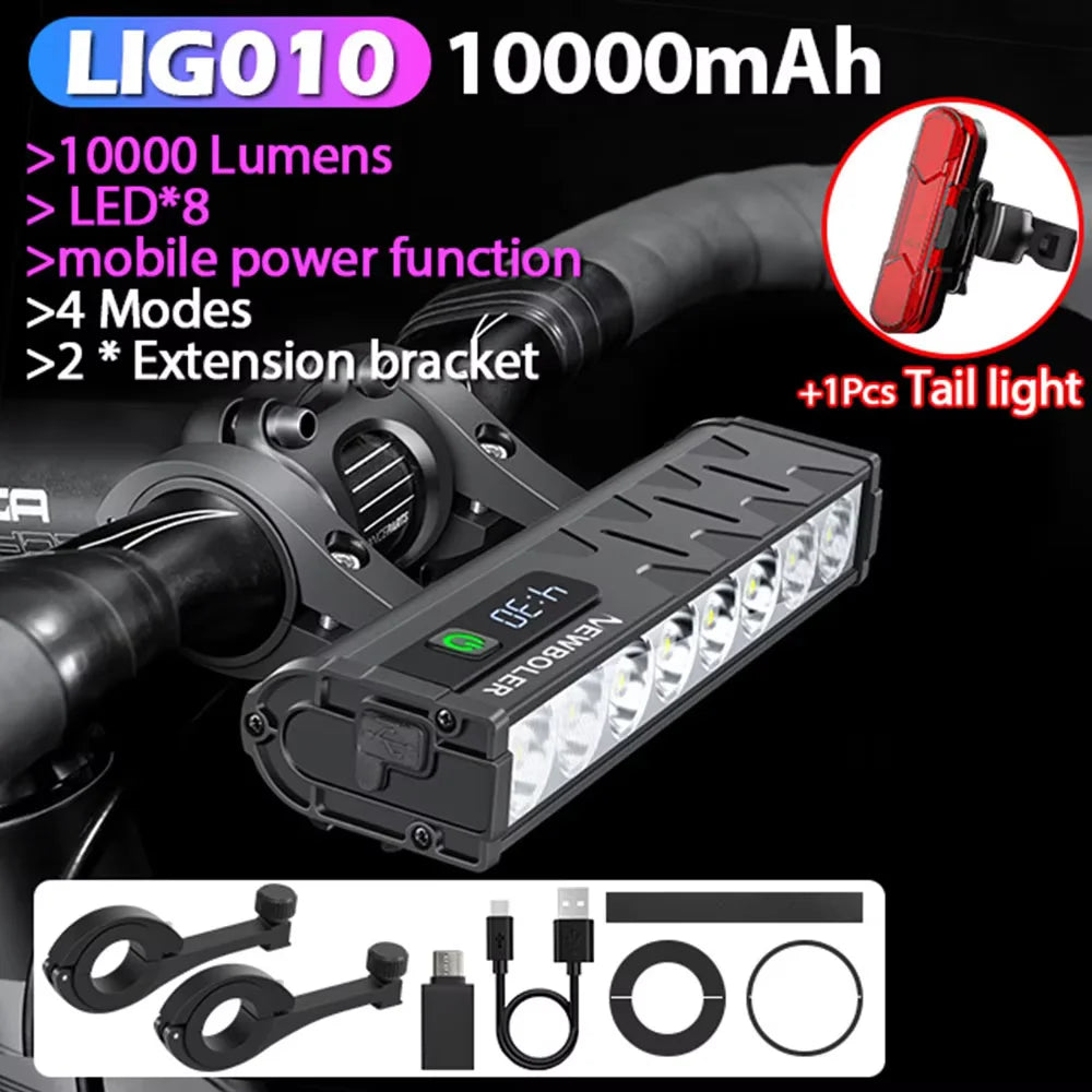 NEWBOLER Bicycle Light Front 10000Lumen Bike Light 10000mAh Waterproof Flashlight USB Charging MTB Road Cycling Lamp Accessories