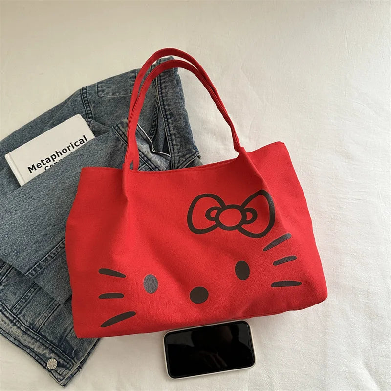 Cute Canvas Bag Hello Kitty Women's Canvas Handbag - Large Cute Cartoon Shoulder Bag Fashion Multi functional Commuter Handbag