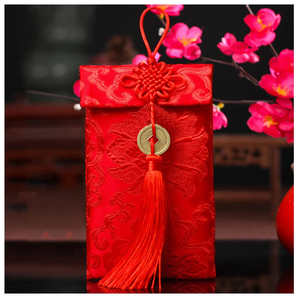 Chinese Style Brocade Red Envelope Bag Spring Festival Luck Red Packets Bag for Chinese Wedding Birthday Invitation Card Bag