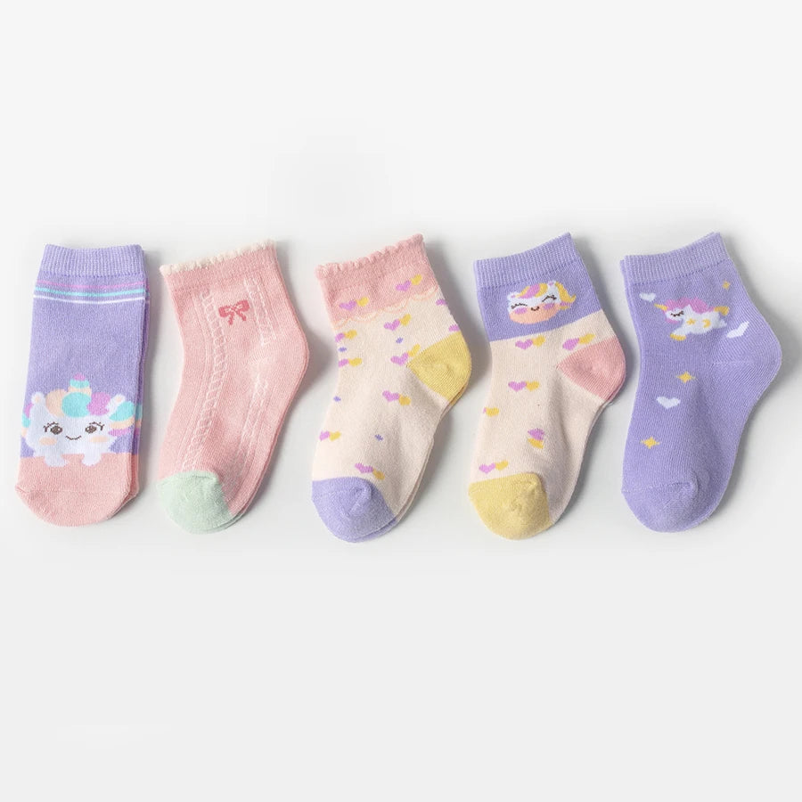 5 Pairs of Kidsren's Socks with Cartoon Cute Unicorn Patterns for Girls and Babies, Versatile Trendyy Bow Mid-Calf Socks, Suitable for Daily Casual Life