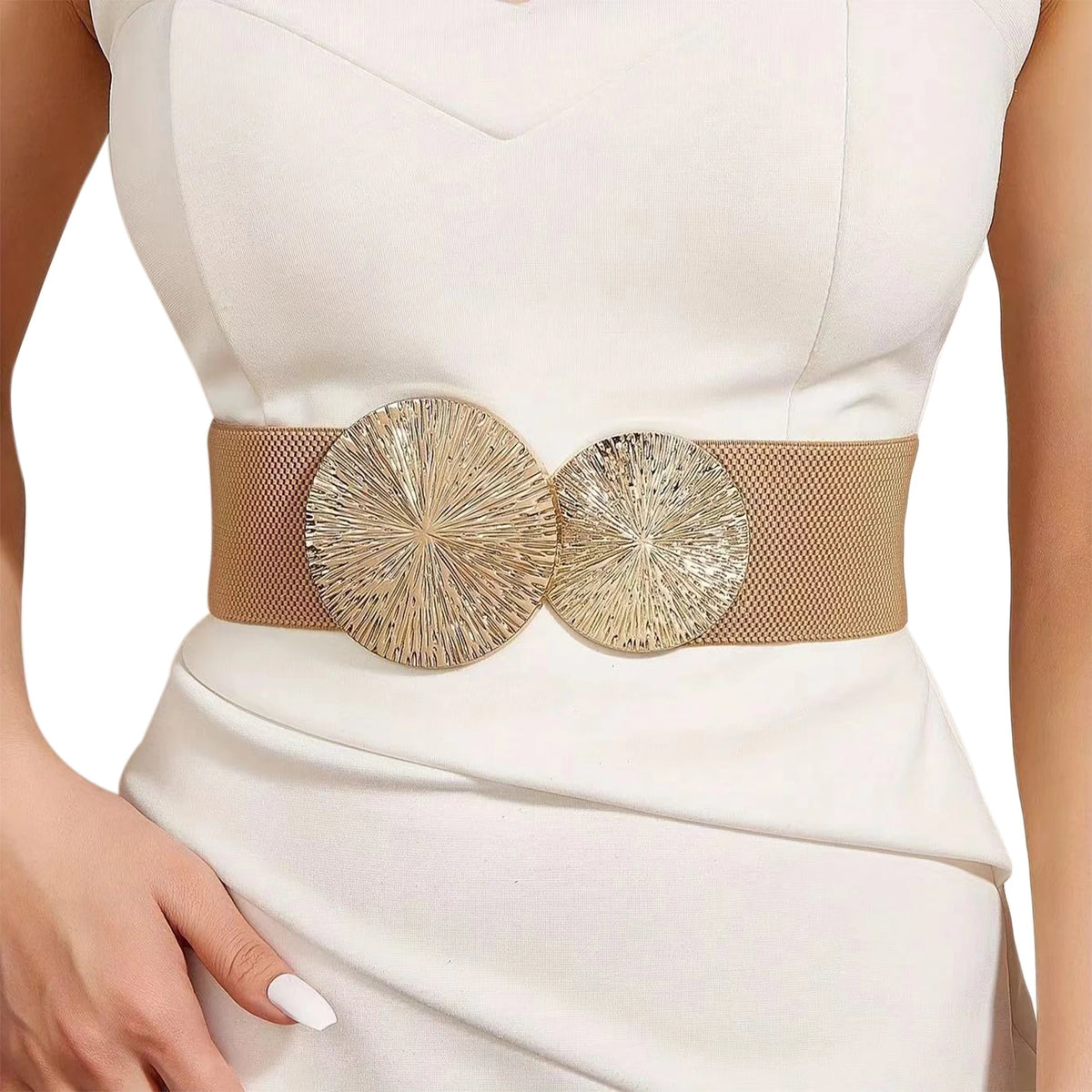 Women Solid-Color Belt,Wide Elastic Belt ,Coat/Dress Accessories Waist Belt,Chunky-Gold Discs Round Belts,for Daily/Party Use
