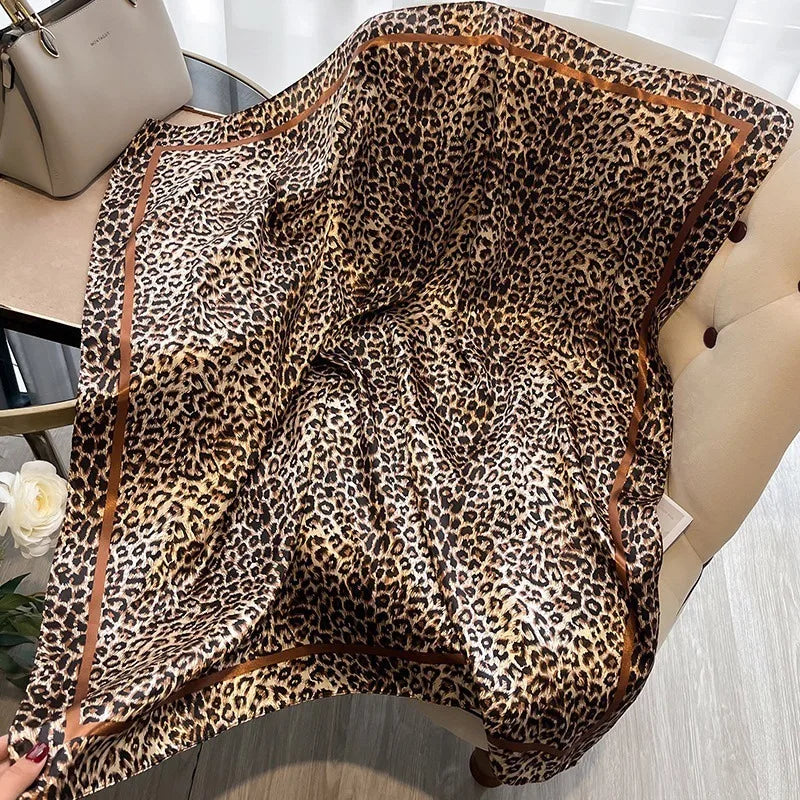 90cm Leopard Print Satin-Finish Scarf - Lightweight Simulated Silk Square for Women Spring Summer Versatile Chic