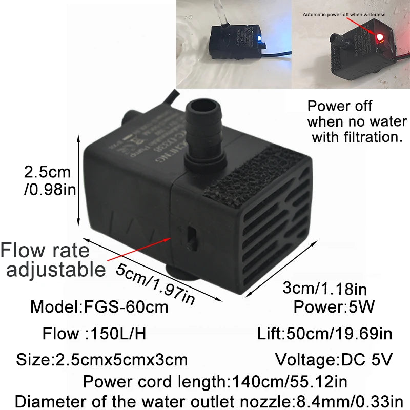 Ultra Quiet USB Aquarium Fish Tank Filtration Pump Mini Pet Fountain Submersible Adjustable Flow Water Circulation Pump 5V 5W