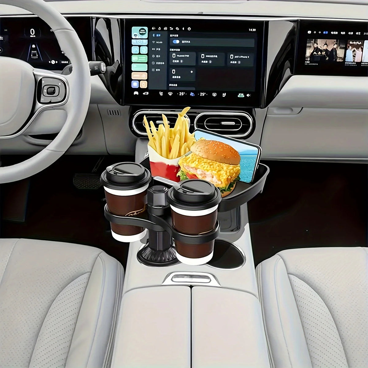 3-in-1 Detachable Car Cup Holder Tray-Expandable Food Table with 360° Rotating Design,Sturdy Base for Long Road Trips Table Tray