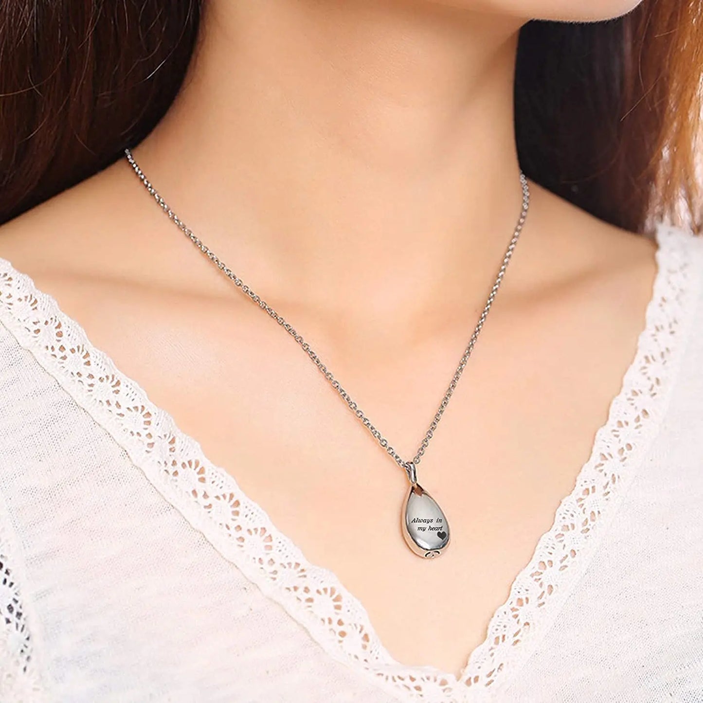 Teardrop Ashes Necklace Keepsake Urn Pendant Simple Elegant Cremation Memorial Jewelry -Always in my heart