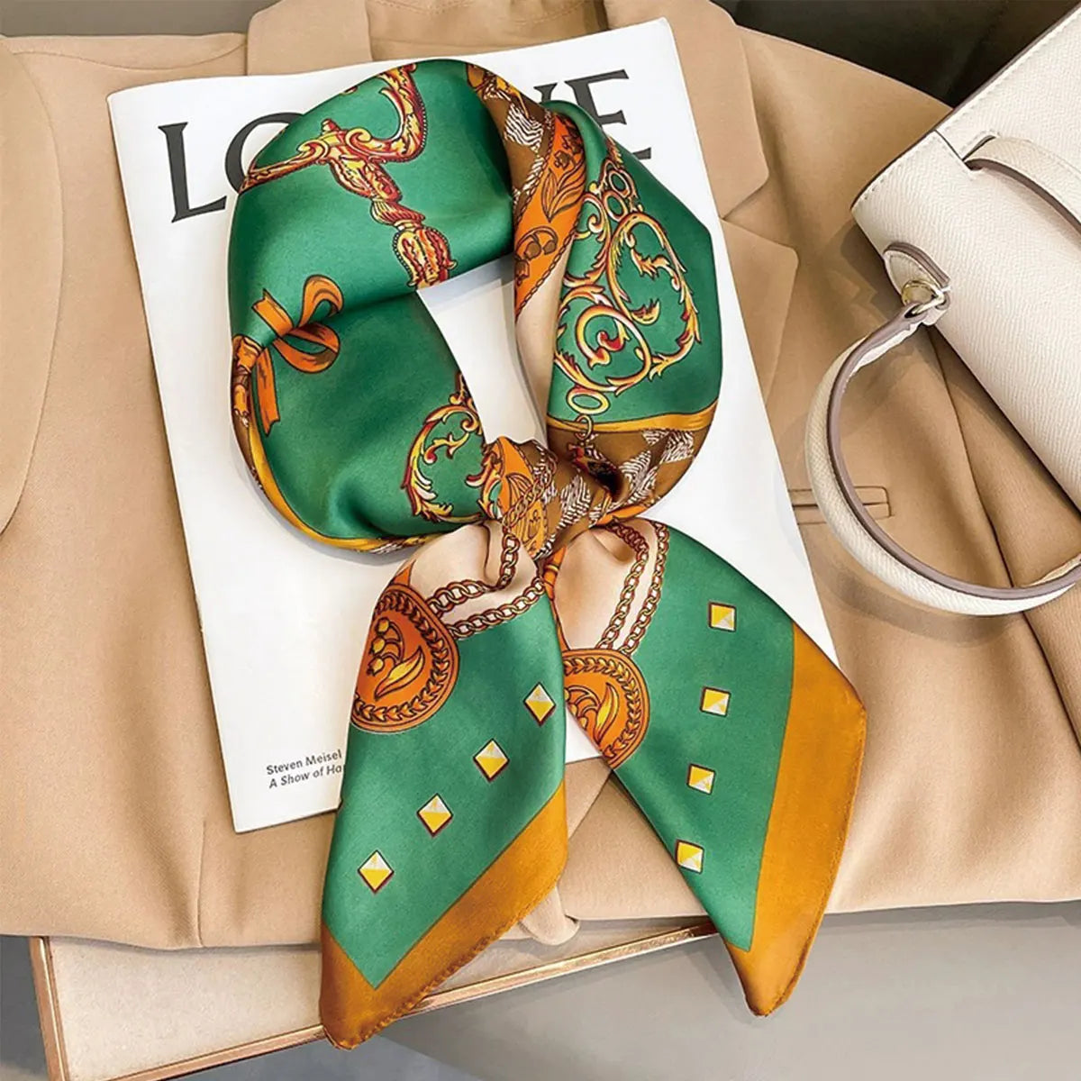 70x70cm Fashionable Korean Style Silk Square Scarf Satin Print Hairband Necktie Hair Accessory Headscarf Versatile Wrap Scarf