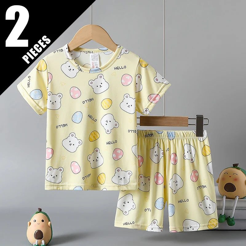 2-Piece Children's Summer Cute cartoon Printed Short-Sleeved Shorts Set for Boys and Girls Casual and Comfortable T-Shirt Shorts
