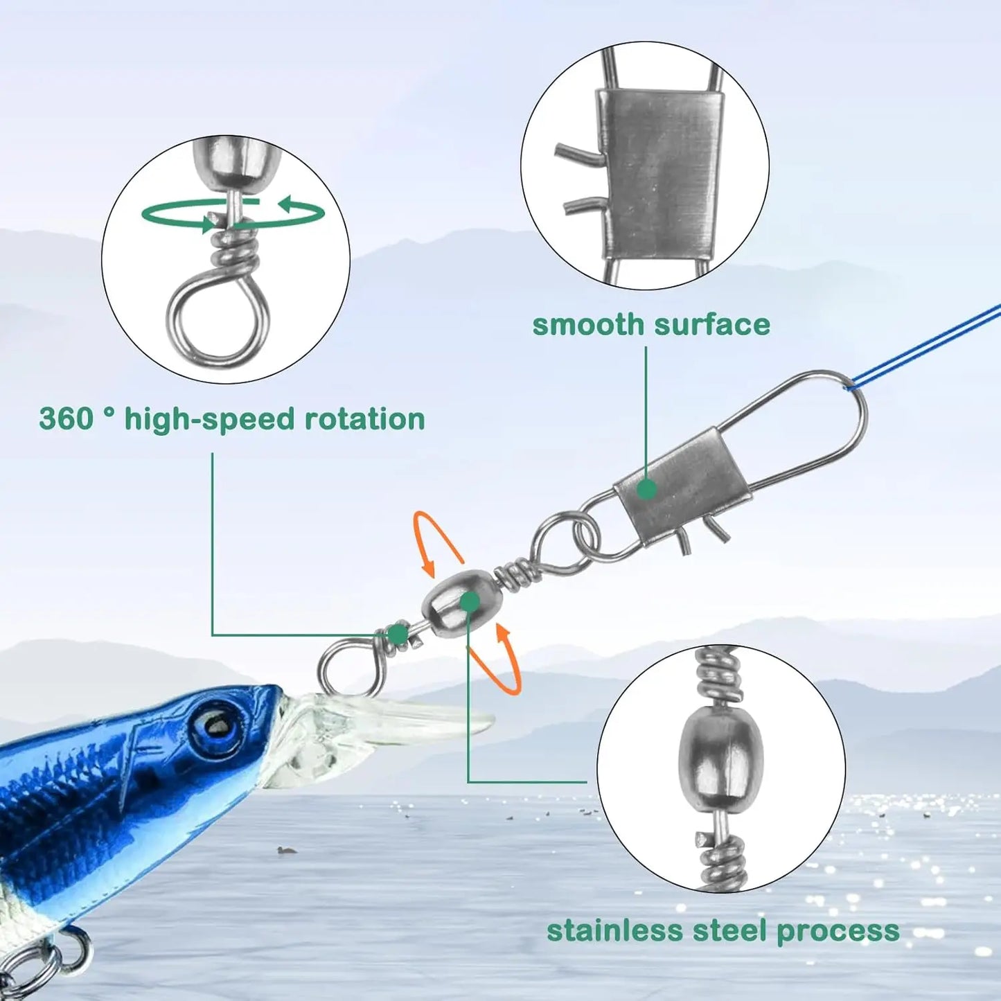 50/200pcs Barrel Snap Swivel Fishing Accessories, Gear with Ball Bearing Swivels Snaps Connector for Quick Connect Lures