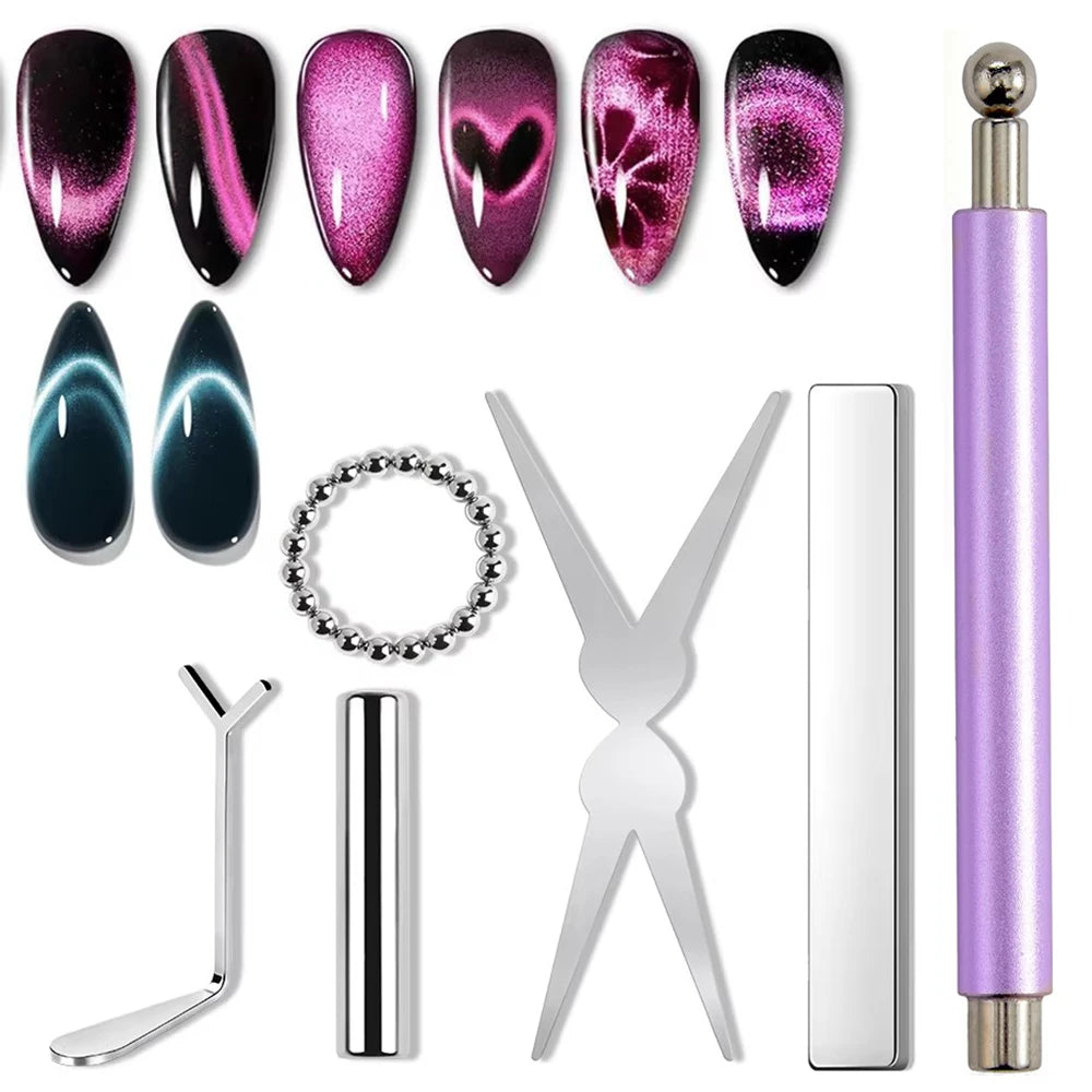 6Pcs Nail Magnet Tool Set Cat Eye French Tips Cat Eye Heart Magnets Nail Magnet Stick Cat Eye Gel Polish Magnets Tools Manicure