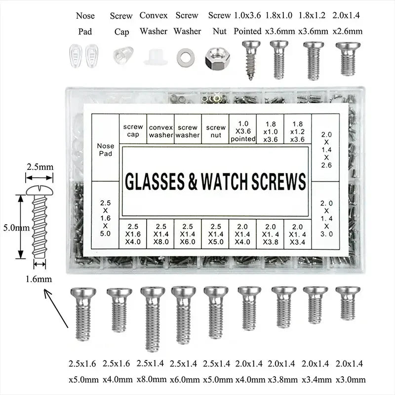1000pcs Eyeglass Accessories PM Round Eyeglass Screws, Screw Washers, Small Repair Screws