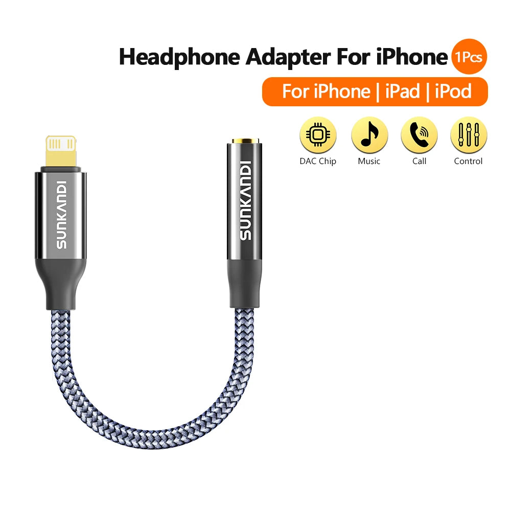 SUNKANDI Lightning to 3.5 mm Headphone Jack Adapter for iPhone, DAC Chip Adapter Audio Cable for iPhone 14 13 12 11 X XS 8 7