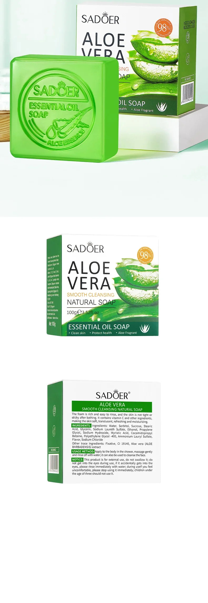 SADOER Aloe Facial Soap Face Wash Foam Facial Cleanser Moisturizing Firming Hydrating Oil Control Body Bathing Handmade Soap