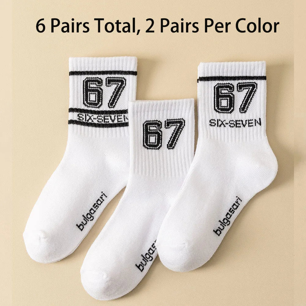 Teen Fashion Socks with "67" Print - Mid-Calf Sports Socks for Trendy Kids All Season
