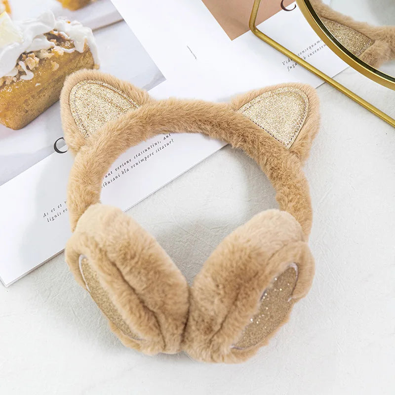 Plush Winter Warm Ear Earmuffs Glitter Cat Ear Warmers Heart Fur Hang Ear Cover for Women Girl Earflap Cold Protection Ear Muffs