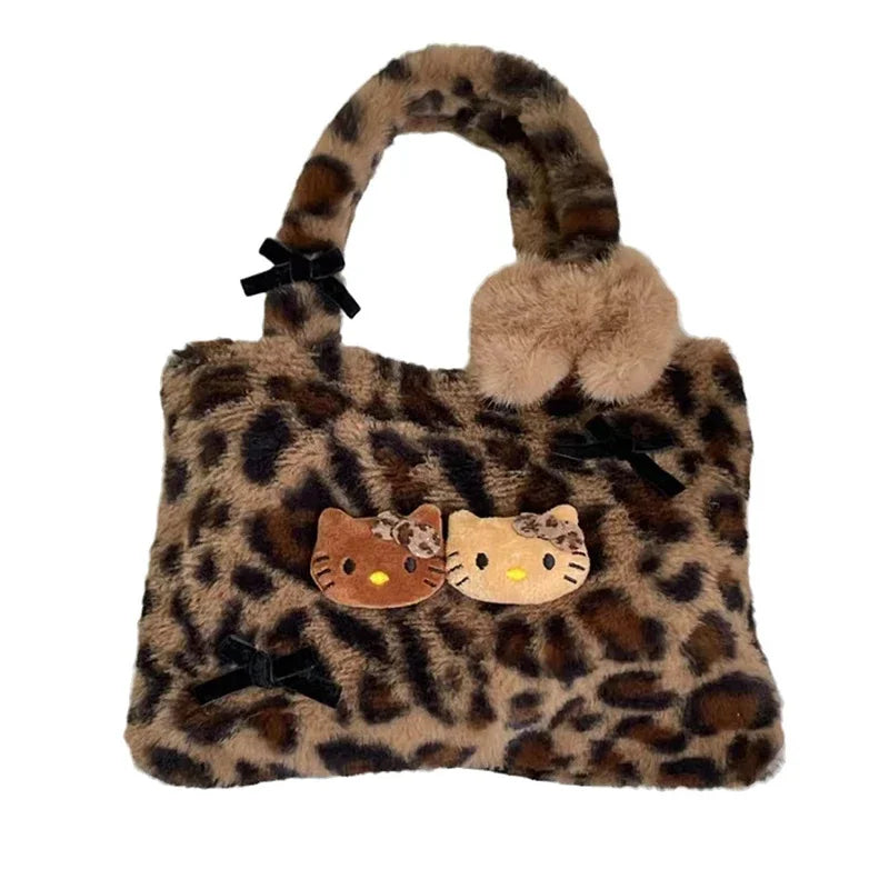 Hello Kitty leopard print plush fashion cute handbag for girls shoulder bag armpit handbag lightweight and durable gift forgirls