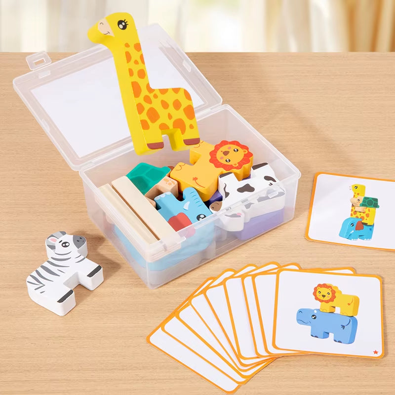 Wooden Animal Stacking Block Game Shape Matching Puzzle Balance Toy Montessori Fine Motor Training Educational Toys for Children