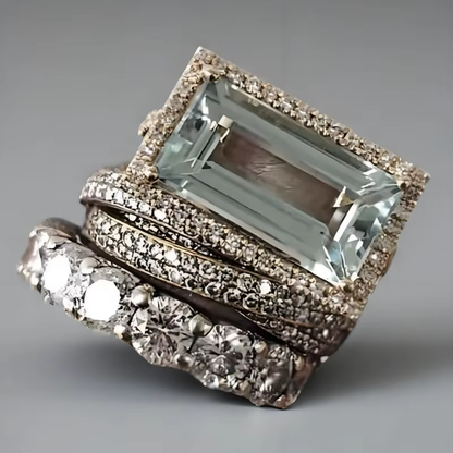 Vintage Aqua Emerald-Cut Stack 3 Pieces Ring Set