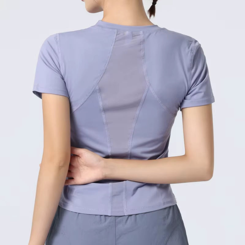 Women Workout Gym Top with Mesh Short Sleeve Seamless Athletic Shirts for Yoga Running Breathable Quick Dry Sport Tees