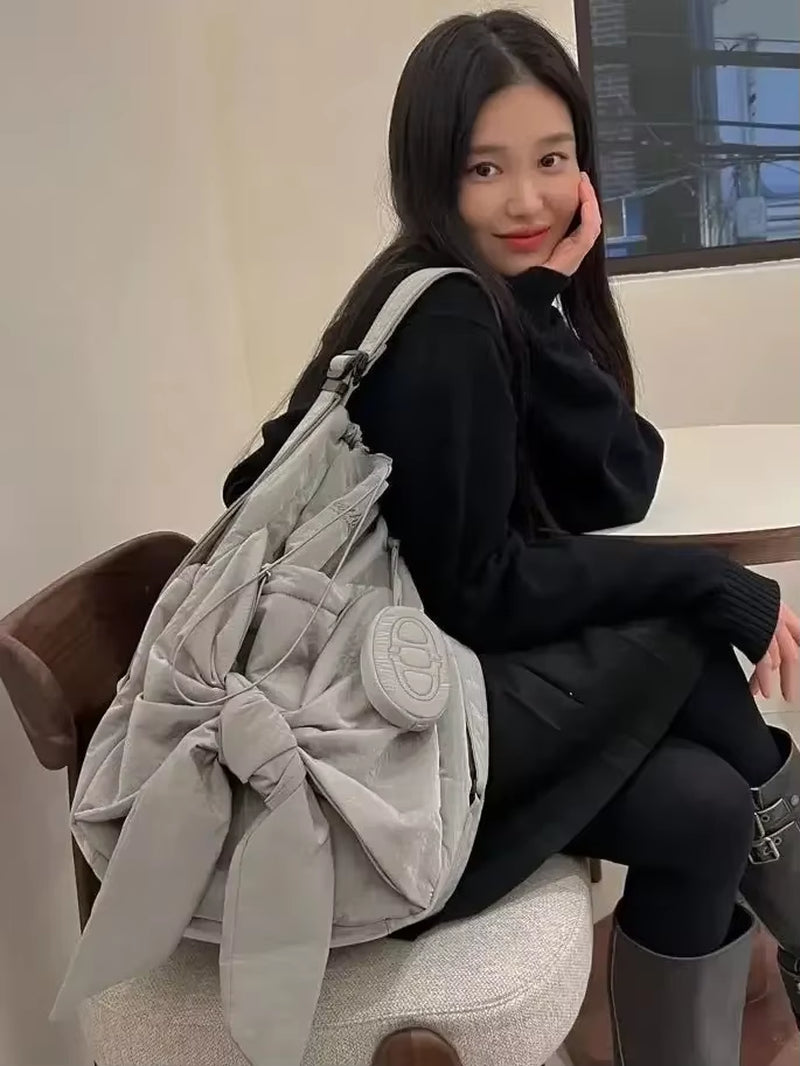 Women Bag Nylon High-Capacity Fashion Casual Backpack Bow Drawstring Shoulder Bag Handbag All-Match