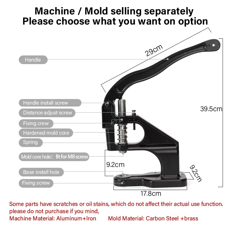 WUTA Manual Button Installation Tool Mute Punching Mushroom Rivets, Eyelet Hand Pressing (Without /With Machine) DIY Craft Tools