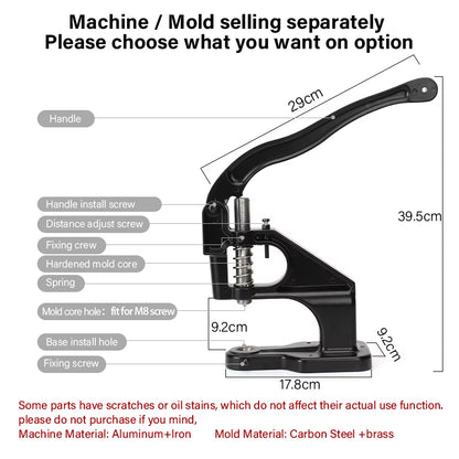 WUTA Manual Button Installation Tool Mute Punching Mushroom Rivets, Eyelet Hand Pressing (Without /With Machine) DIY Craft Tools
