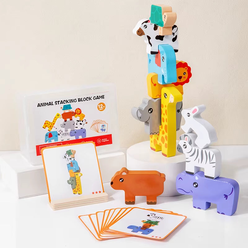 Wooden Animal Stacking Block Game Shape Matching Puzzle Balance Toy Montessori Fine Motor Training Educational Toys for Children