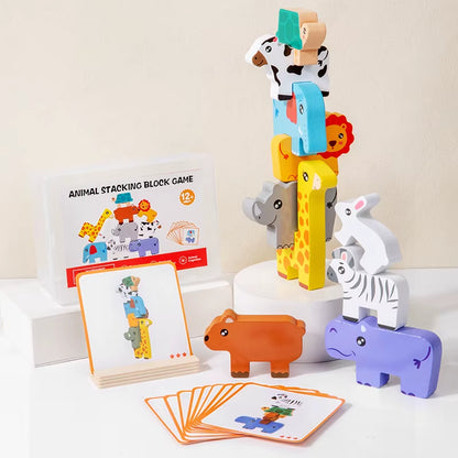 Wooden Animal Stacking Block Game Shape Matching Puzzle Balance Toy Montessori Fine Motor Training Educational Toys for Children
