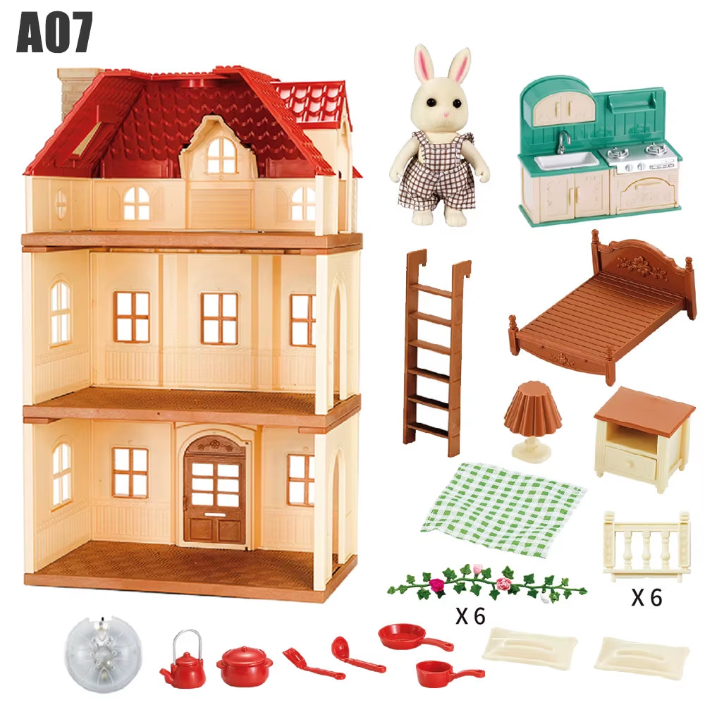 1/12 Dollhouse Furniture Family House Villa Simulate Forest Rabbit Animal Family Miniature Scene Toy Display Furniture Toy Gift