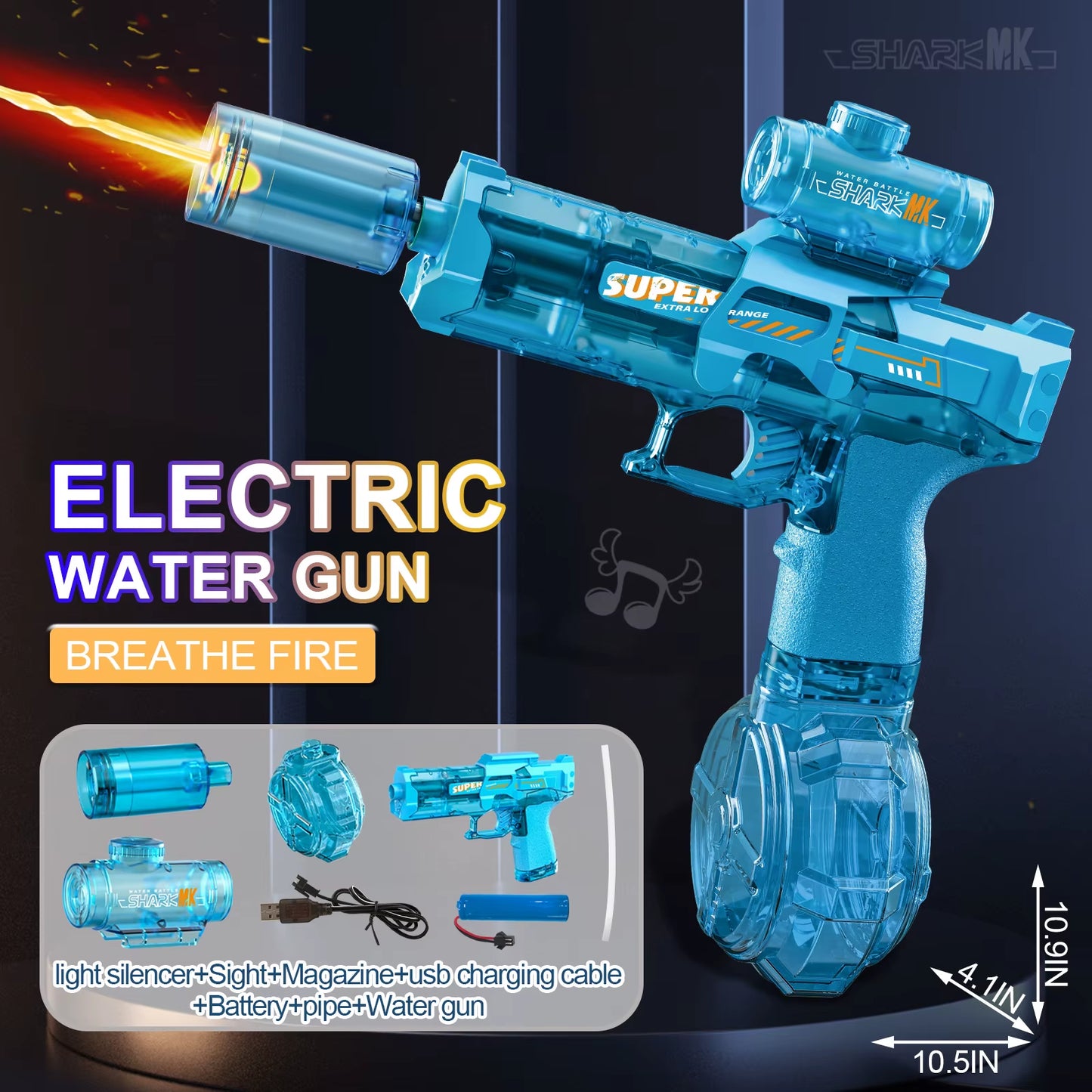 Electric Water Gun with Light Sprays Flame Effect Continuously High-Pressure High-Speed Powerful Outdoor Water Gun Xmas Toys USB