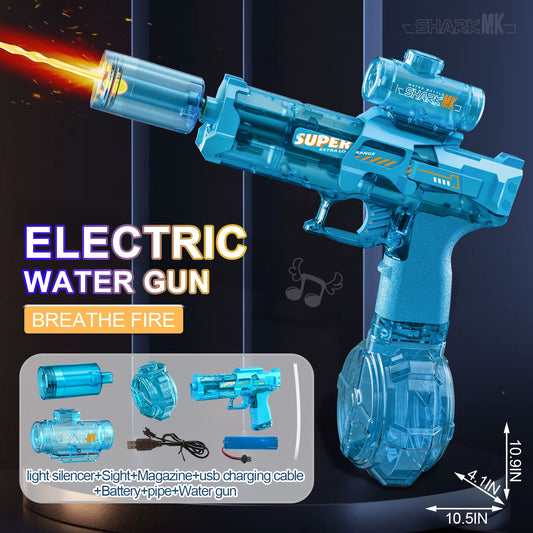 Electric Water Gun with Light Sprays Flame Effect Continuously High-Pressure High-Speed Powerful Outdoor Water Gun Xmas Toys USB