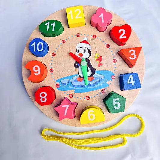 Wooden Blocks Puzzle Shape Number Color Sorting Clock Montessori Toys for Kids Early Education Penguin Patterns Time Learning