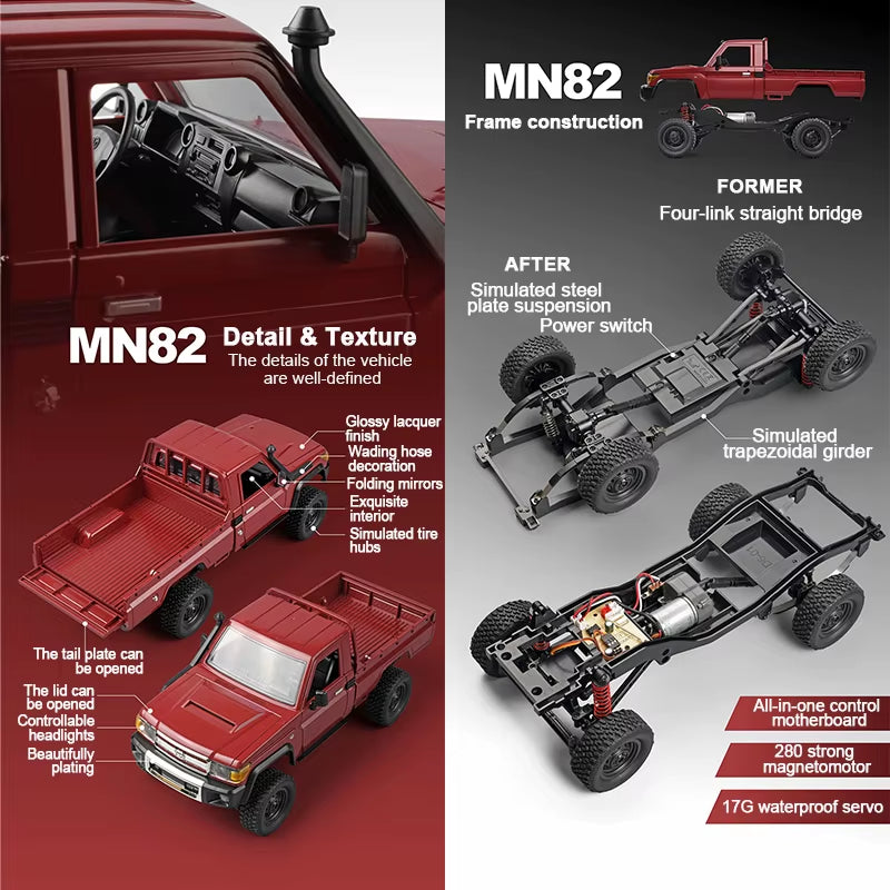 ZWN MN82 1:12 Retro Rc Car with LED Lights Full-Scale Simulation LC79 Professional 4WD Remote Control Pickup RC Truck Model Toys
