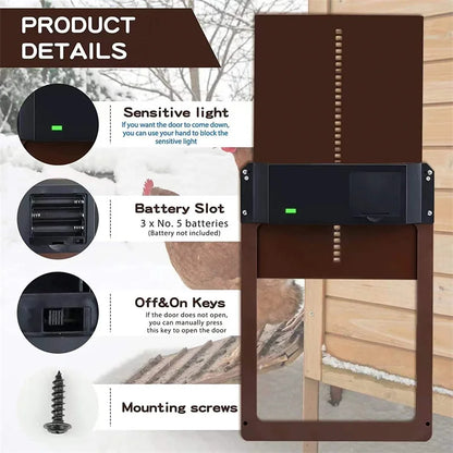 Automatic Chicken Coop Door Chicken House Door Light Sensor Farm Chicken Opener Pets Duck Cage Door Supplies Battery Powered