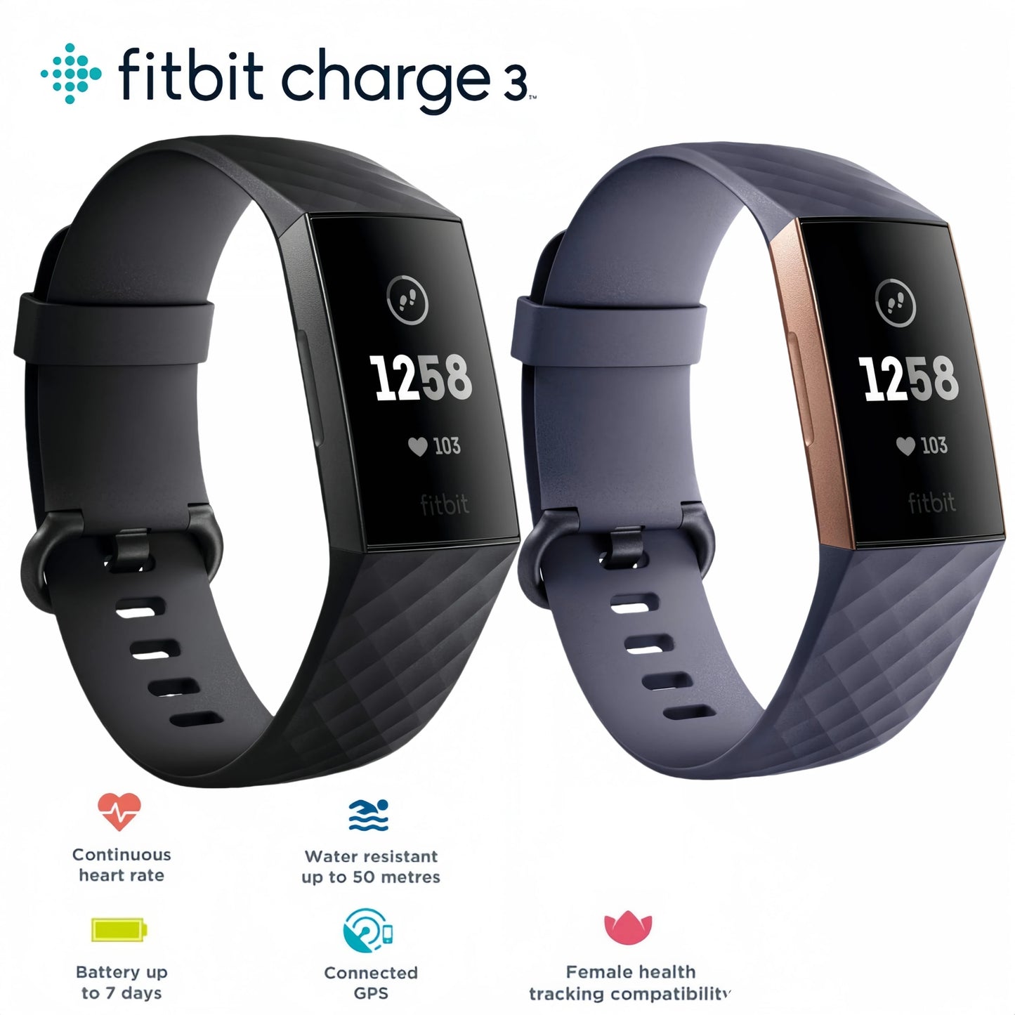 Fitbit Charge 3 Fitness Tracker Smart Watch Heart Rate Monitor Sleep Steps Exercise Waterproof Band for Men Women Health Sports