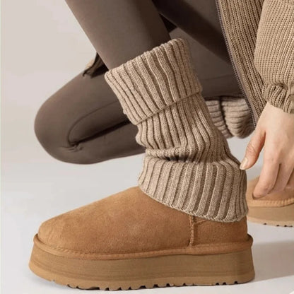 Women's Warm Leg Warmers - Thick Ribbed Winter Leggings, Brown Stripes - Machine Washable. Suitable for cold weather, women's wi