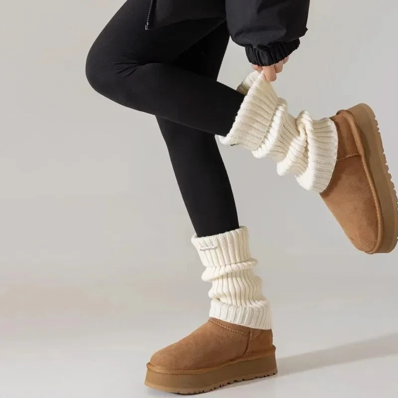 Women's Warm Leg Warmers - Thick Ribbed Winter Leggings, Brown Stripes - Machine Washable. Suitable for cold weather, women's wi