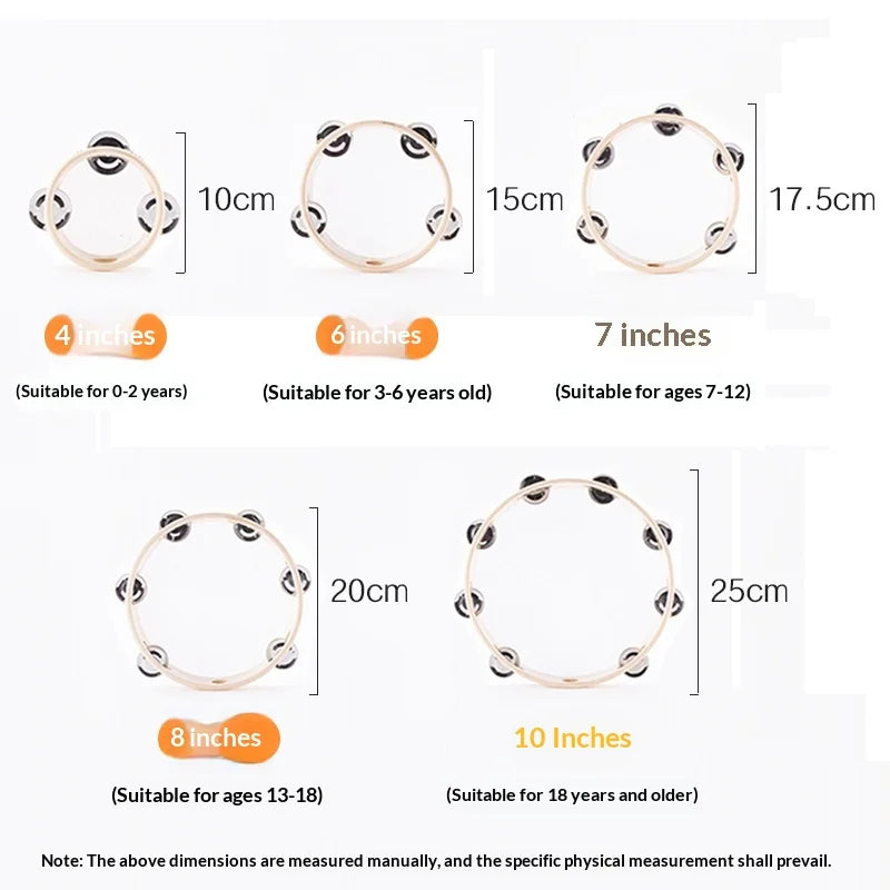 4/6/8inch Hand Held Drum Tambourine Drum Metal Jingles Percussion Musical Instrument For KTV Party Games