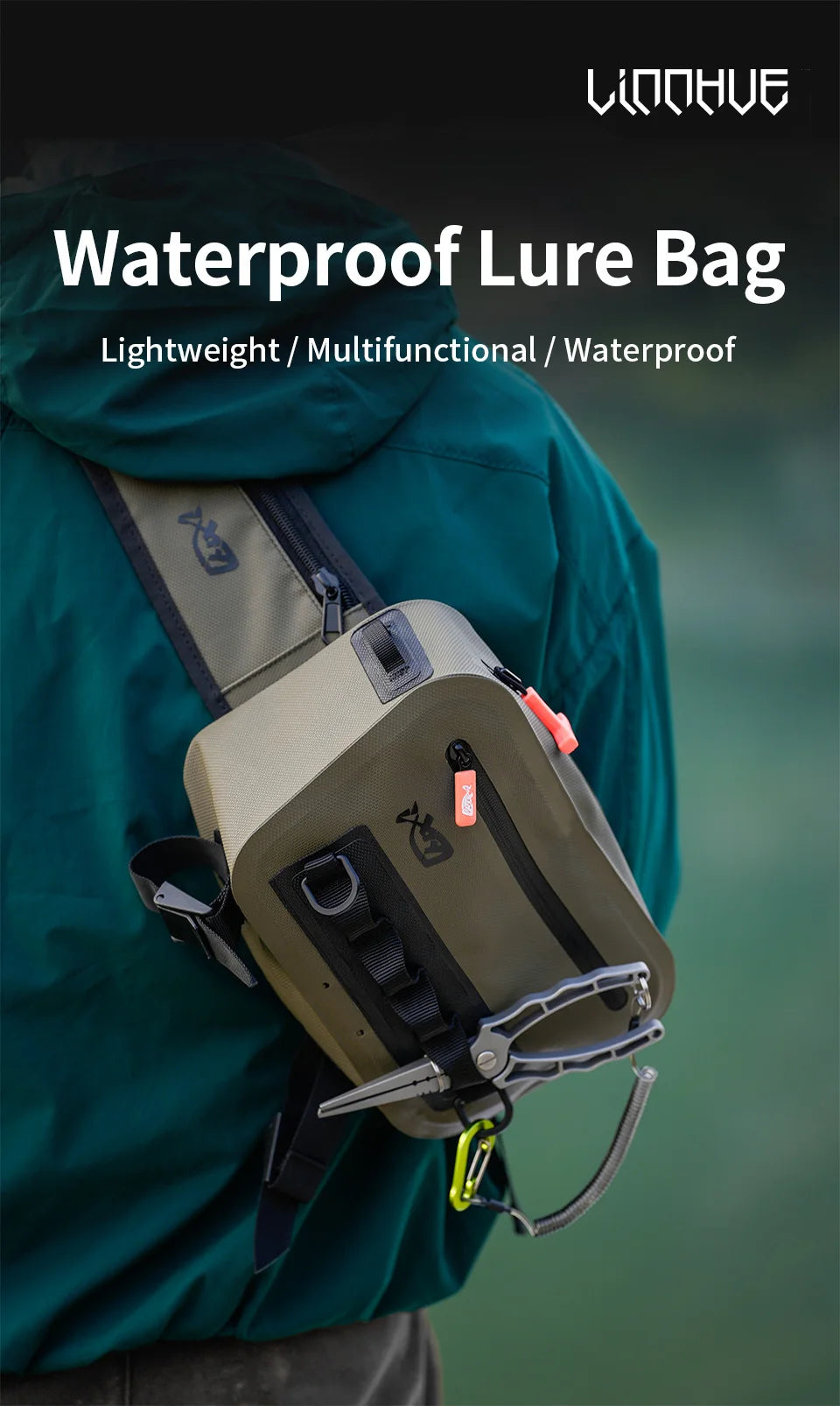 LINNHUE Fishing Tackle Waterproof Bag Outdoor Waist Fanny Pack Capacity Crossbody Bag Fishing Lures Line Box Storage Accessories