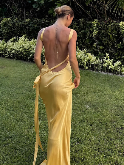 Semi-Sheer Satin Asymmetrical One Shoulder Long Dress