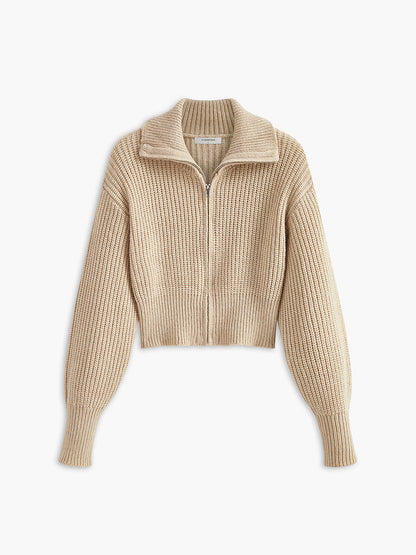 Ribbed Zipper Lapel Cardigan