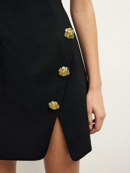 Golden Rose Button Pocket Split Dress
