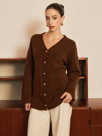 Wool-Blend Metal-Button Belted Cardigan