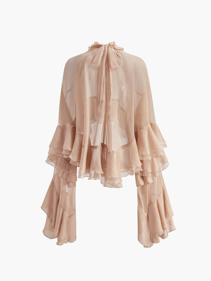 Sheer Turtleneck Ruffle Chiffon Blouse