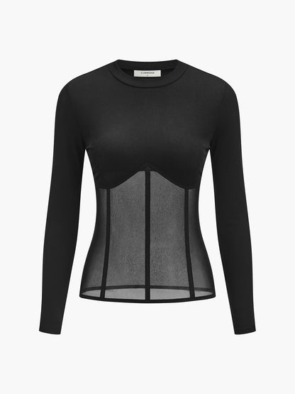 Sheer Mesh Combination Long Sleeve Top