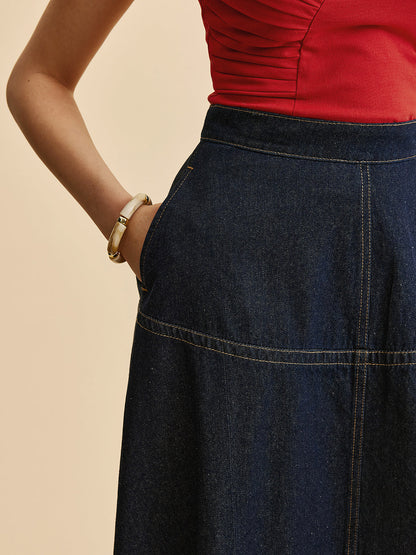 A-Line Denim Skirt With Side Pockets