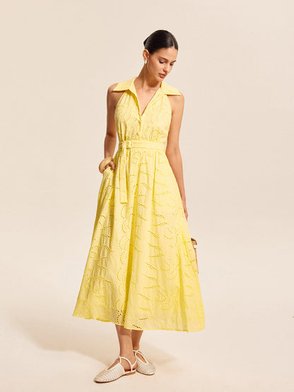 Cotton Belted Embroidered Dress